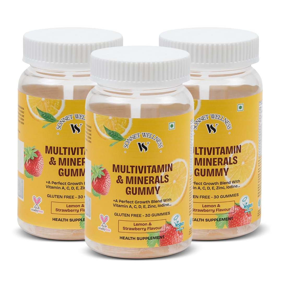 Sonnet Wellness Multivitamin Gummies | Vitamin A, C D, E, B12, Folate, Zinc | Strong Bones | Growth &amp; Development | Metabolism | Energy | Blood Regulation | Immunity | Vegan | 30 Gummies | Pack of 3