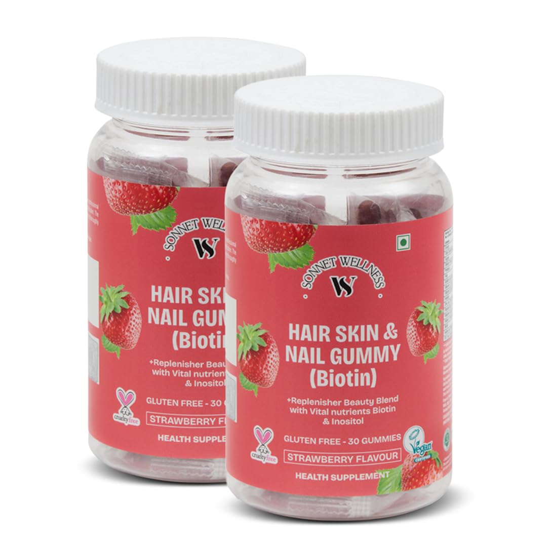 Sonnet Wellness Biotin Gummies | Thick &amp; Smooth Hair | Stronger Nails | Healthy Glowing Skin | Biotin | Zinc | Vitamin B12 | Vitamin B6 | Gluten Free | Soy Free | 30 Gummies | Pack of 2
